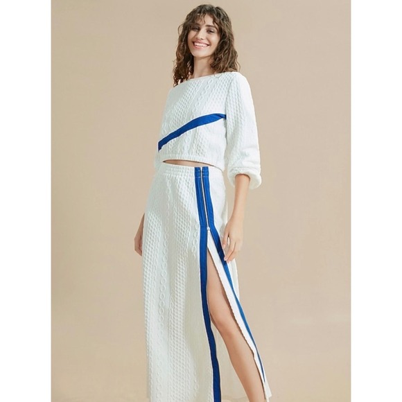 Boutique Dresses & Skirts - Ador White Cable Knit 2 Piece‎ Maxi Skirt Set Blue Stripe Side Zip Large NWT